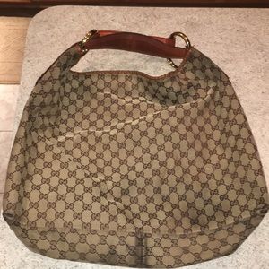 GUCCI LARGE CLOTH MONOGRAM HANDBAG LEATHER HORSEBIT HANDLE